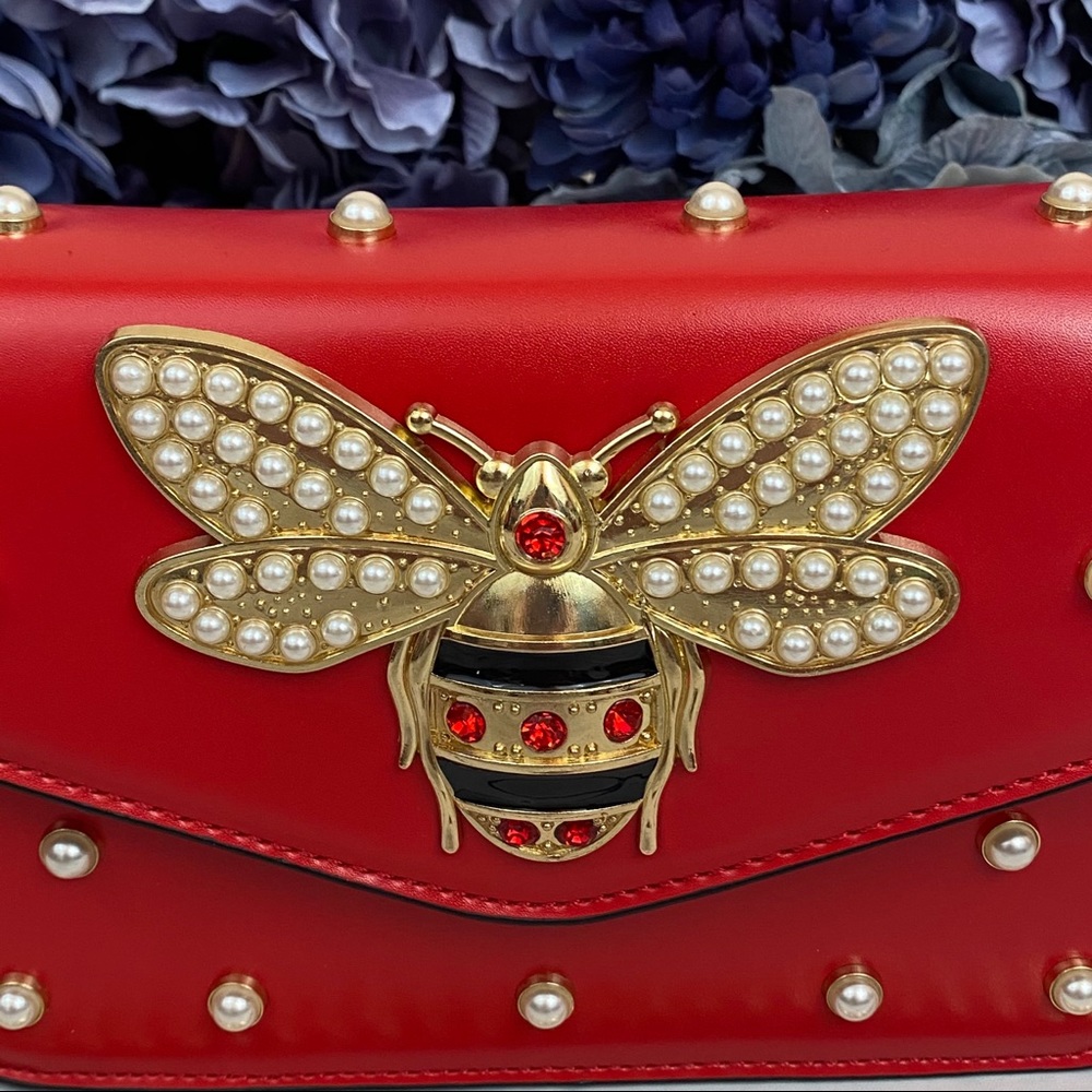 Beautiful Red Pearl Studded Bee Crossbody Purse - Picture 7 of 16